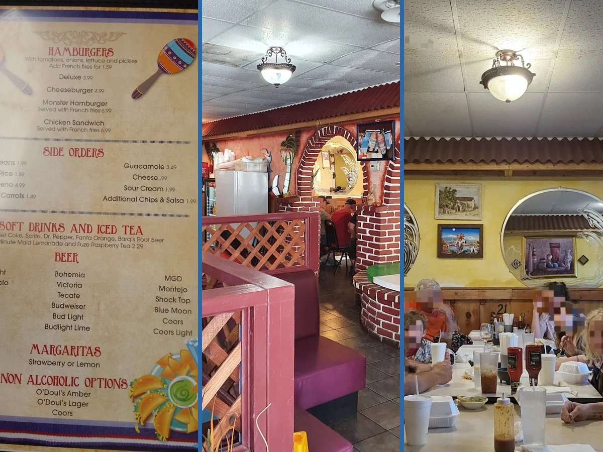 Warm interior with tables and plated food.